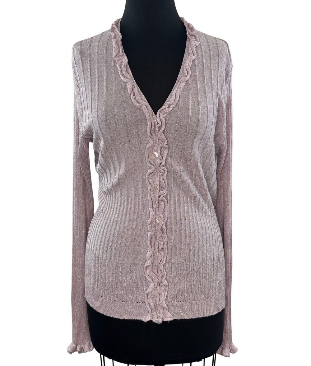 Anne Fontaine Light Pink Purple Metallic Cardigan Ruffle Trim Front Button Sz 46